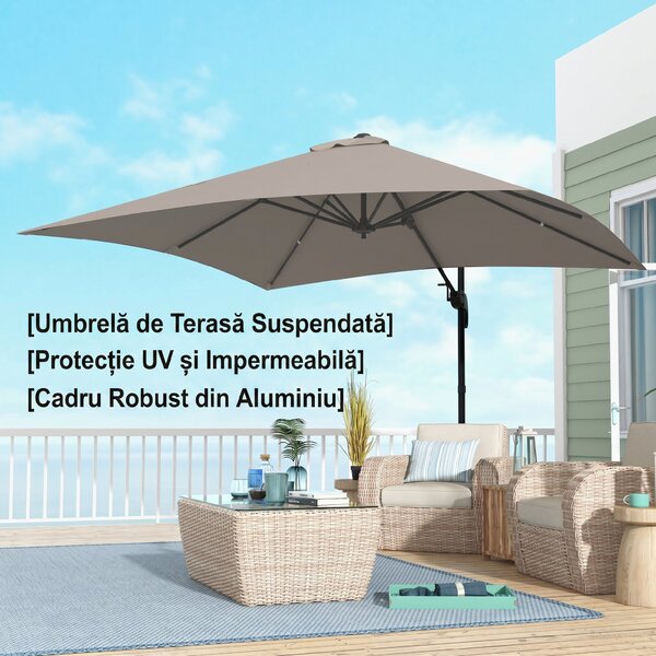 Outsunny Umbrelă de Soare cu 8 Lamele cu Pedală și Manivelă, Umbrelă de Soare din Aluminiu și Poliester, 295x295x266 cm, Kaki | Aosom Romania