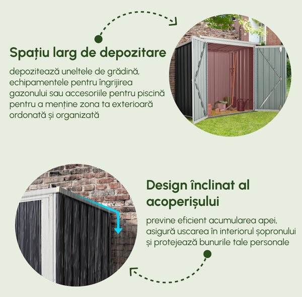 Magazie de gradina Outsunny din tabla de otel, sopron cu usa dubla cu sistem de blocare, casuta de gradina pentru unelte, alb-negru | Aosom RO