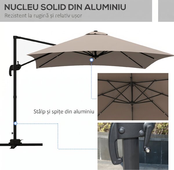 Outsunny Umbrelă de Soare cu 8 Lamele cu Pedală și Manivelă, Umbrelă de Soare din Aluminiu și Poliester, 295x295x266 cm, Kaki | Aosom Romania