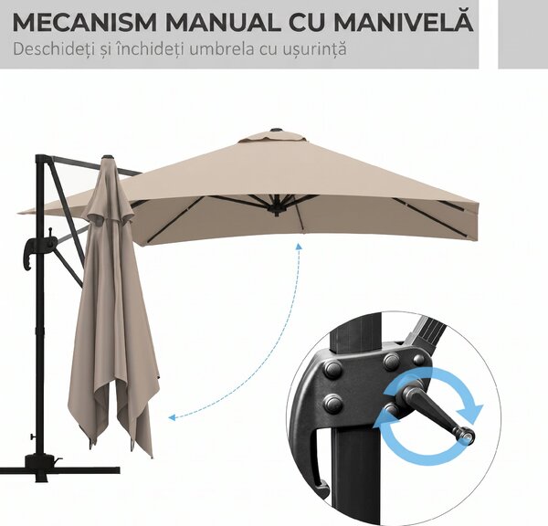 Outsunny Umbrelă de Soare cu 8 Lamele cu Pedală și Manivelă, Umbrelă de Soare din Aluminiu și Poliester, 295x295x266 cm, Kaki | Aosom Romania
