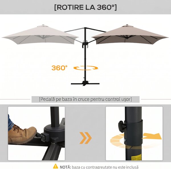 Outsunny Umbrelă de Soare cu 8 Lamele cu Pedală și Manivelă, Umbrelă de Soare din Aluminiu și Poliester, 295x295x266 cm, Kaki | Aosom Romania