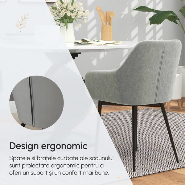 HOMCOM Set 2 Scaune de Dining Tapițate cu Brațe și Picioare din Oțel pentru Sufragerie, 54x57x80 cm, Gri Închis | Aosom Romania