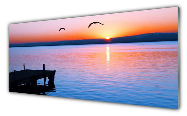 Tablou pe sticla Marea Podul Soare Peisaj Albastru Galben Negru