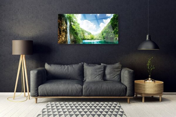 Tablou pe sticla Mountain Forest Lake Nature Maro Verde Albastru