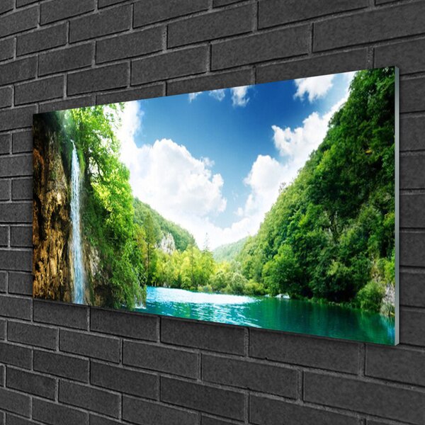Tablou pe sticla Mountain Forest Lake Nature Maro Verde Albastru