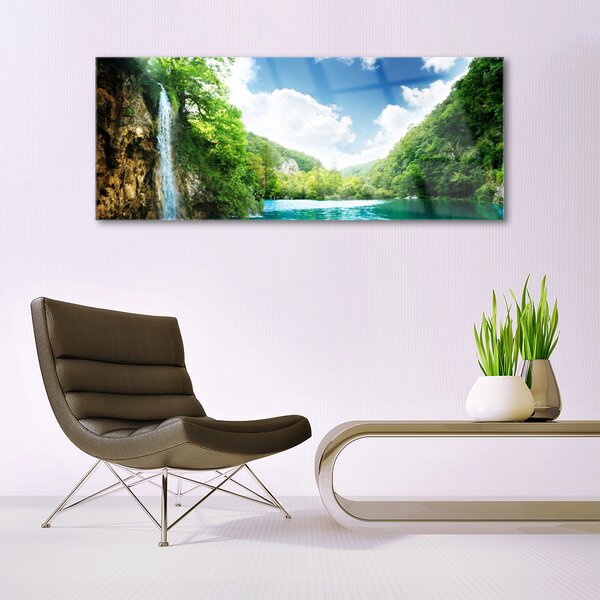 Tablou pe sticla Mountain Forest Lake Nature Maro Verde Albastru