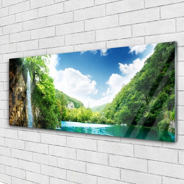 Tablou pe sticla Mountain Forest Lake Nature Maro Verde Albastru
