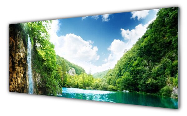 Tablou pe sticla Mountain Forest Lake Nature Maro Verde Albastru