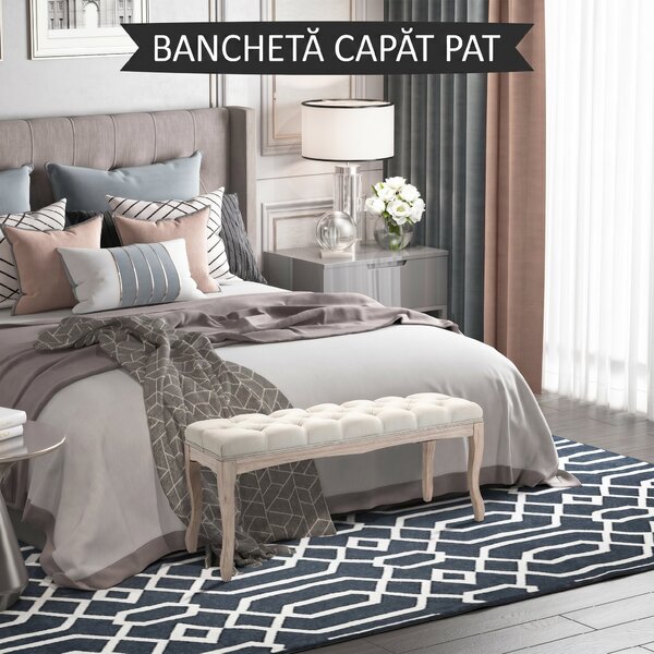 HOMCOM Bancă de Pat Vintage cu Butoni, Bancă Capitonată cu Picioare din Lemn, 110x40x48 cm, Bej | Aosom Romania