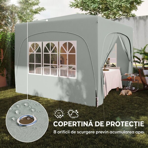 Outsunny Pavilion Pliabil cu Ferestre Laterale și Geantă de Transport, 300x300x273 cm, Gri Deschis | Aosom Romania