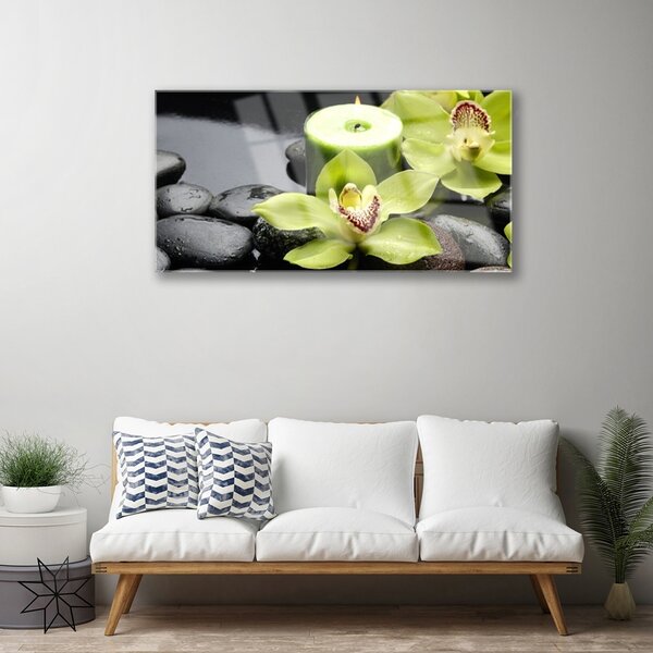 Tablou pe sticla Pietre florale flori verde negru