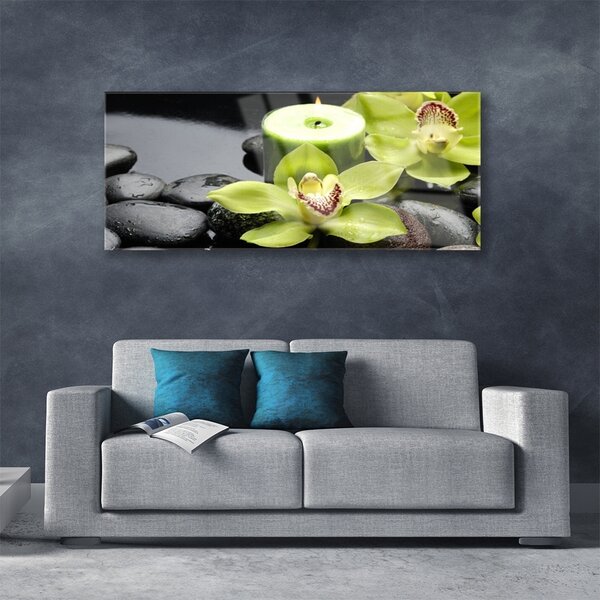 Tablou pe sticla Pietre florale flori verde negru