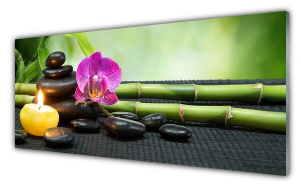 Tablou pe sticla Bamboo flori Stones Lumânare Arta Verde Roz Negru Galben