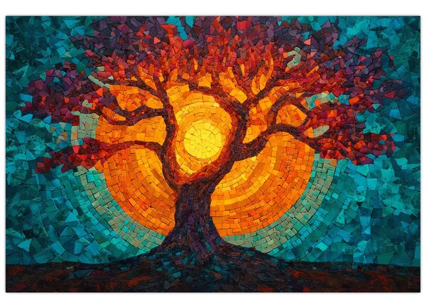 Tablou - Arborele vieții și soarele în mozaic (90x60 cm)