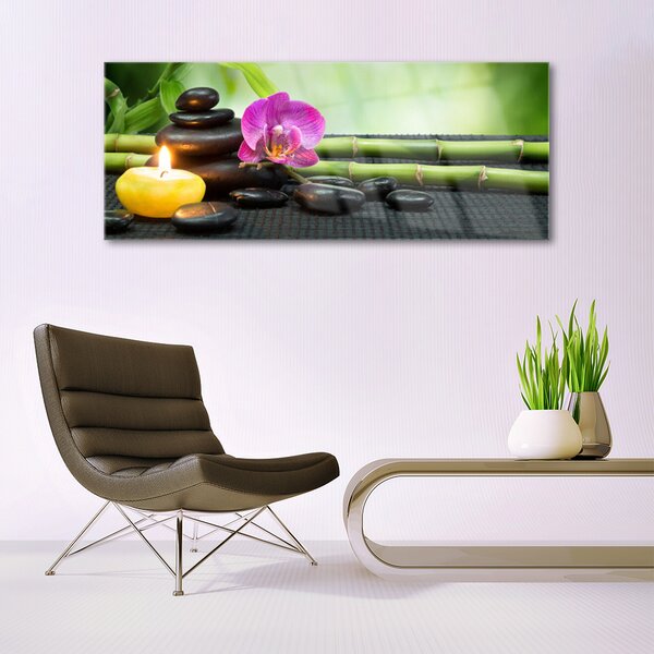 Tablou pe sticla Bamboo flori Stones Lumânare Arta Verde Roz Negru Galben