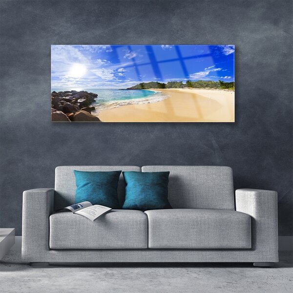 Tablou pe sticla Sun Sea Beach Peisaj Galben Albastru Maro