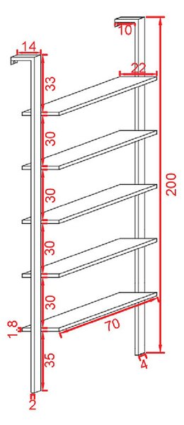 Raft de perete Harris, cu schelet metalic auriu, alb, 60x22x200 cm