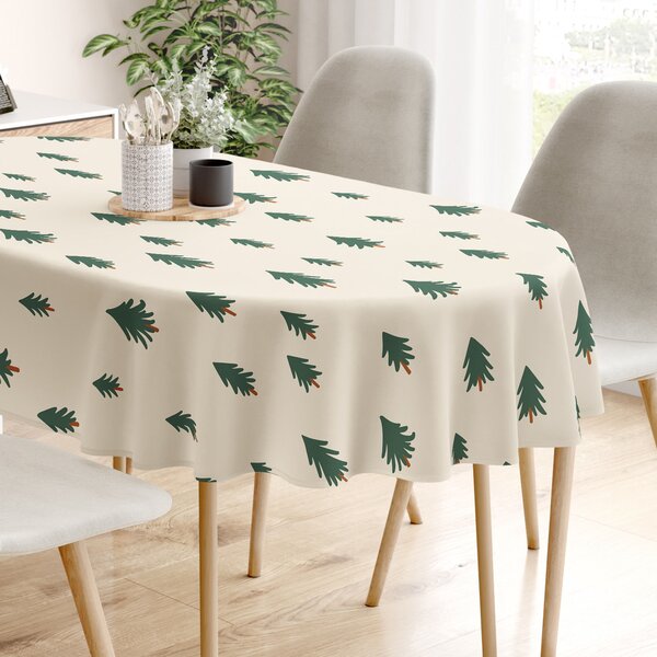 Goldea față de masă de crăciun 100% bumbac - brazi pe bej natural - ovală 140 x 240 cm