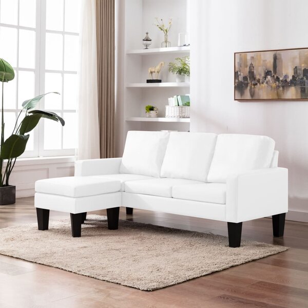 Canapea cu 3 locuri și taburet, alb, piele ecologică