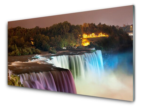 Panou sticla bucatarie Pădure Cascada Natura Verde Violet Albastru Alb