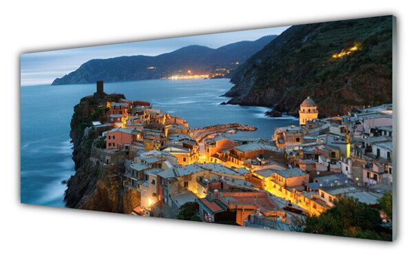 Panou sticla bucatarie Sea Town Peisaj Albastru Galben Gri