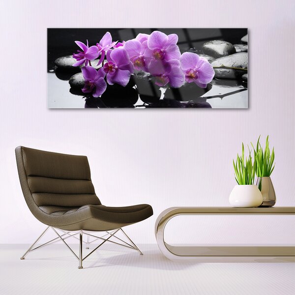 Tablou pe sticla Pietrele florale flori roz negru