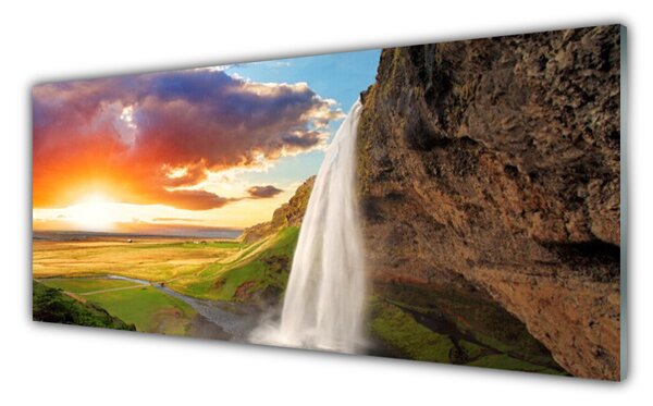 Panou sticla bucatarie Cascada Soare Peisaj Alb Galben
