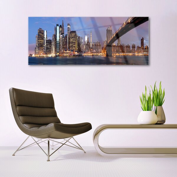 Tablou pe sticla Bridge City Case Galben Maro Gri Albastru