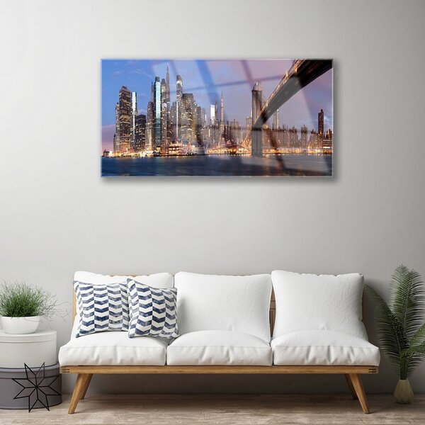 Tablou pe sticla Bridge City Case Galben Maro Gri Albastru