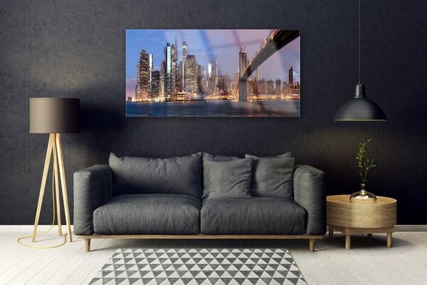 Tablou pe sticla Bridge City Case Galben Maro Gri Albastru