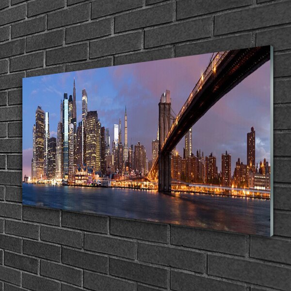Tablou pe sticla Bridge City Case Galben Maro Gri Albastru