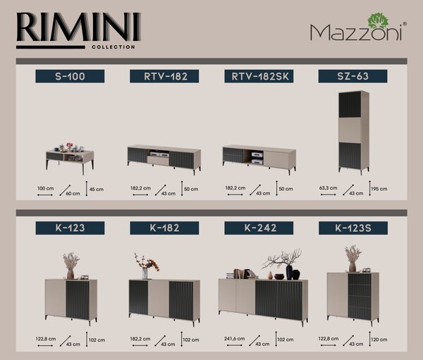 MAZZONI Gold Medal 2024 Dulap înalt RIMINI SZ-63 Bej Taupe/Negru Mat - UN DULAP MODERN/TURN CU RAFTURI ȘI FRONTURI TEXTURATE