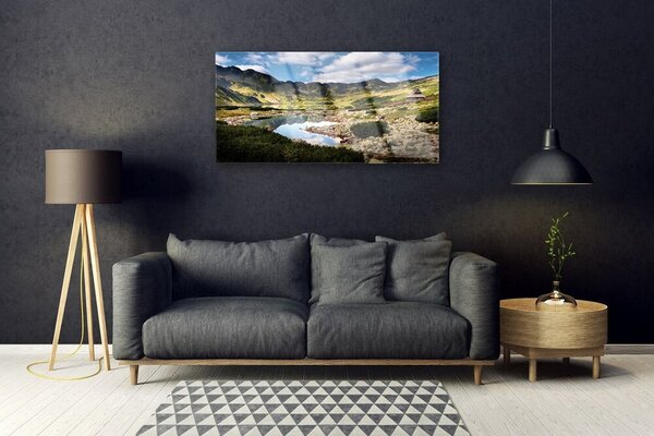Tablou pe sticla Mountain Lake Peisaj Gri Verde Albastru