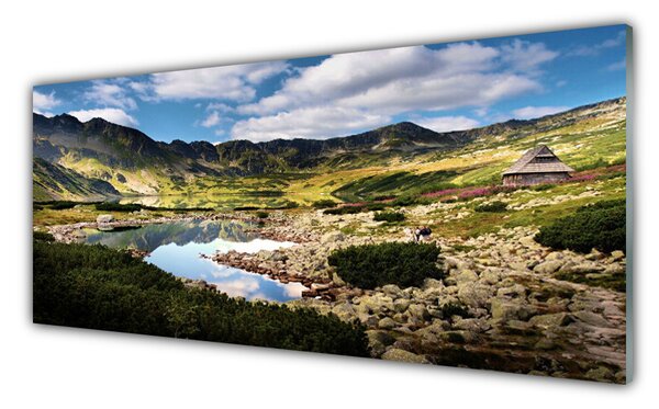 Tablou pe sticla Mountain Lake Peisaj Gri Verde Albastru