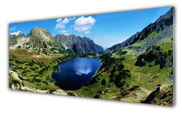 Tablou pe sticla Mountain Lake Peisaj Gri Verde Albastru
