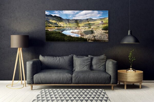 Tablou pe sticla Mountain Lake Peisaj Gri Verde Albastru