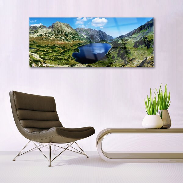 Tablou pe sticla Mountain Lake Peisaj Gri Verde Albastru