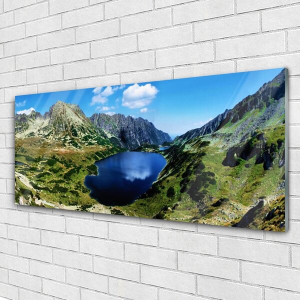 Tablou pe sticla Mountain Lake Peisaj Gri Verde Albastru