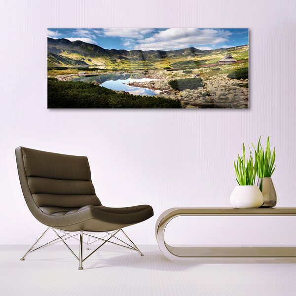 Tablou pe sticla Mountain Lake Peisaj Gri Verde Albastru