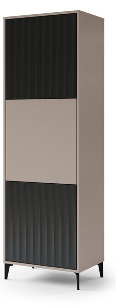 MAZZONI Gold Medal 2024 Dulap înalt RIMINI SZ-63 Bej Taupe/Negru Mat - UN DULAP MODERN/TURN CU RAFTURI ȘI FRONTURI TEXTURATE