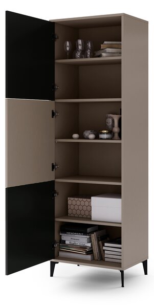 MAZZONI Gold Medal 2024 Dulap înalt RIMINI SZ-63 Bej Taupe/Negru Mat - UN DULAP MODERN/TURN CU RAFTURI ȘI FRONTURI TEXTURATE