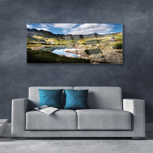 Tablou pe sticla Mountain Lake Peisaj Gri Verde Albastru