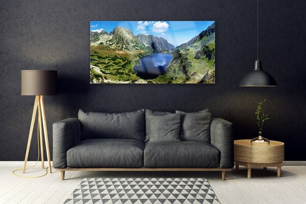 Tablou pe sticla Mountain Lake Peisaj Gri Verde Albastru