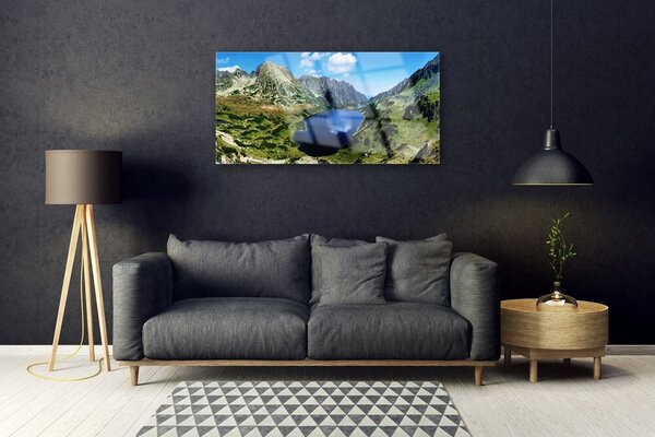 Tablou pe sticla Mountain Lake Peisaj Gri Verde Albastru