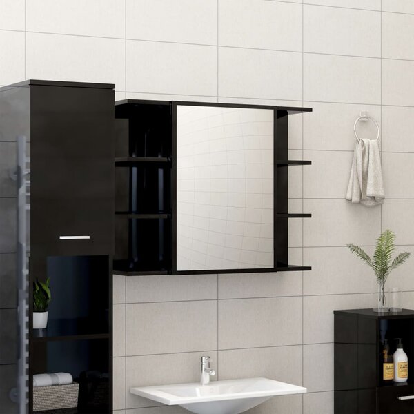 Dulap de baie cu oglindă, negru extralucios, 80x20,5x64 cm, PAL
