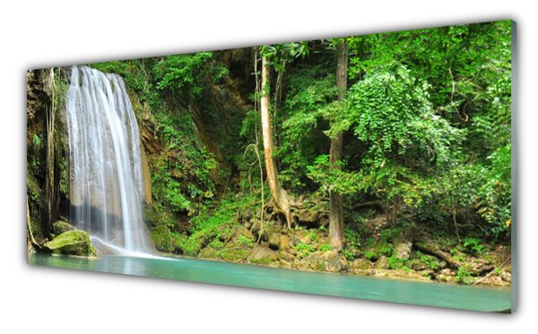 Tablou pe sticla Cascada Pădure Natura Alb Albastru Maro Verde