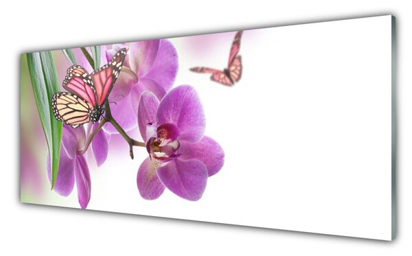Tablou pe sticla Fluturi Flori Natura Galben Roz Gri
