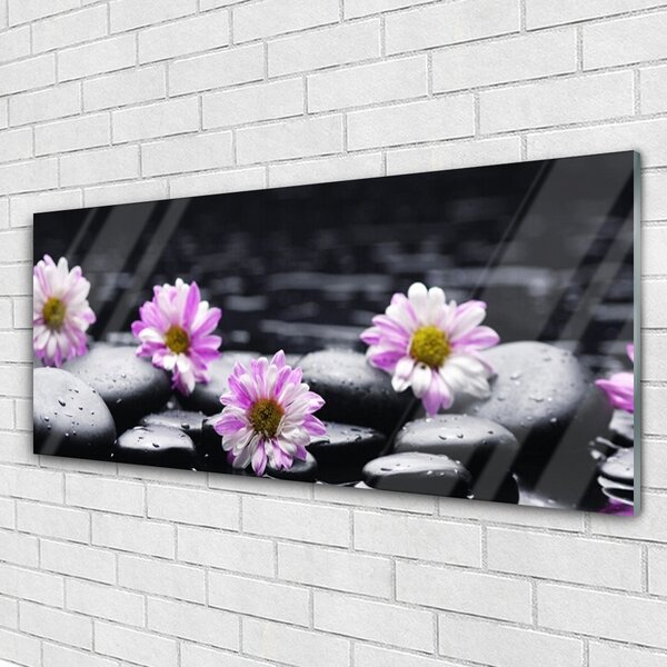 Tablou pe sticla Pietrele florale flori roz alb negru