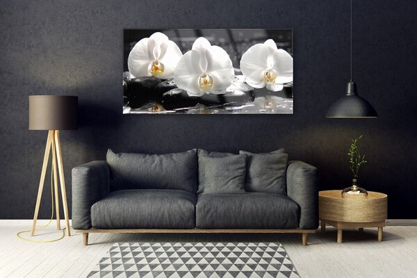 Tablou pe sticla Pietre florale flori alb negru