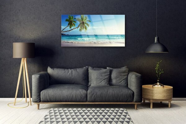 Tablou pe sticla Palm Trees Sea Beach Peisaj Brun Verde Gri Albastru